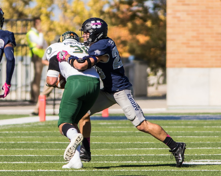 (Courtesy Utah State University athletics) Utah State's Gaje Ferguson makes a tackle during a game earlier this season.