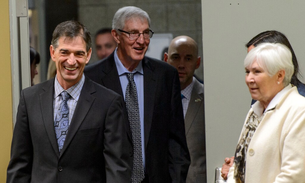 (Steve Griffin  |  Tribune file photo)  As the Utah Jazz celebrate the 1997 Utah Jazz team John Stockton, Jerry Sloan and Gail Miller walk into a press conference at Vivint Smart Home Arena in Salt Lake City Wednesday March 22, 2017.