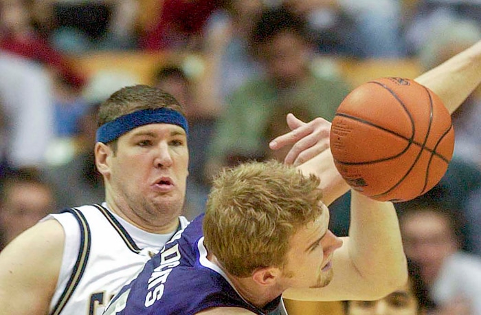 (Trent Nelson | The Salt Lake Tribune) Brigham Young University basketball player Jake Shoff, left, during a game in 2003. Shoff died Feb. 6, 2025, at age 46, in an automobile accident.