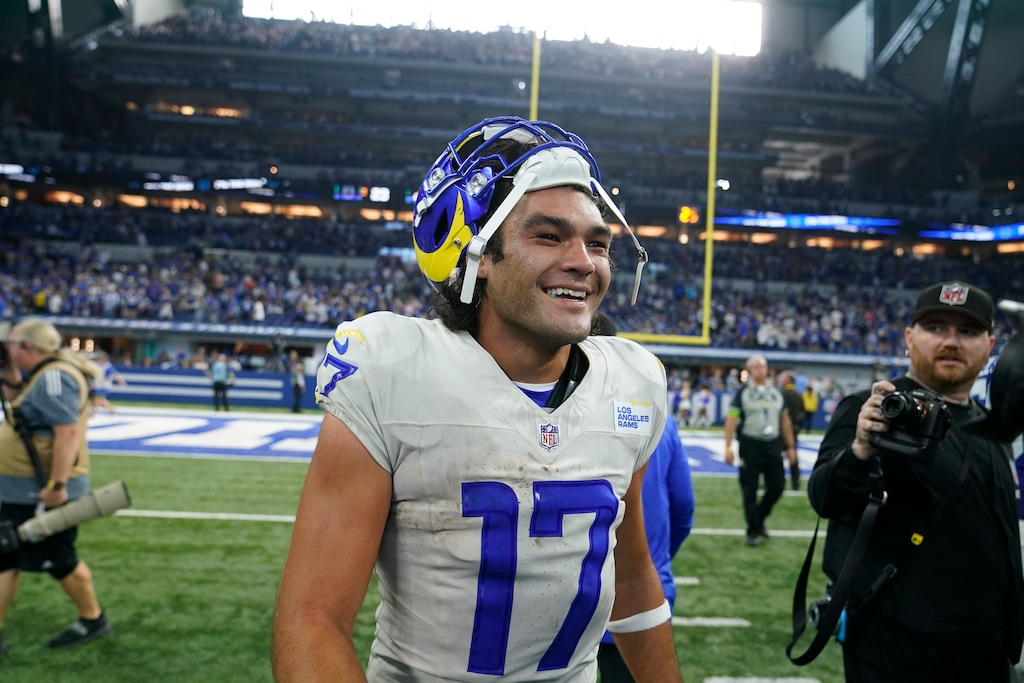Los Angeles Rams wide receiver Puka Nacua celebrates after the Rams defeated the Indianapolis Colts 29-23 in an NFL football game, Sunday, Oct. 1, 2023, in Indianapolis. (AP Photo/Michael Conroy)