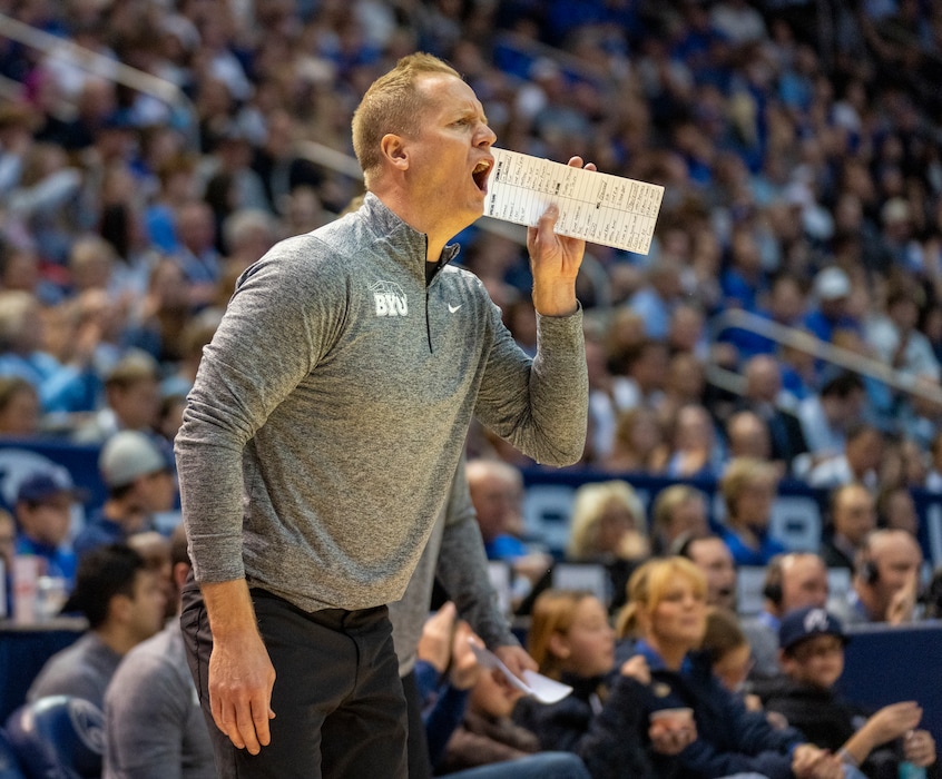 (Rick Egan | The Salt Lake Tribune) Brigham Young Cougars head coach Kevin Young shouts instructions to his players, in Big 12 Basketball action between the Arizona State Sun Devils and the Brigham Young Cougars, at the Marriott Center, on Tuesday, Dec 31, 2024.