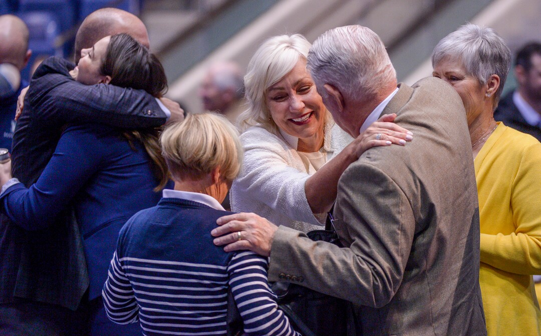 Leah Hogsten  |  The Salt Lake Tribune  Cheryl Rose hugs friends prior to her husband announcing his retirement. Dave Rose announced on Tuesday that he was retiring after a 14-year career in which he became BYU's all-time winningest men's basketball coach.