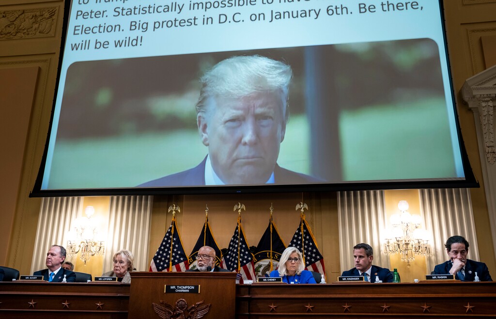 (Doug Mills | The New York Times)
A tweet by then-President Donald Trump is displayed on a screen during the first public hearing before the House Select Committee to Investigate the Jan. 6 Attack in Washington on Thursday night, June 9, 2022. "In his dystopian Inaugural speech, Trump promised to end 'American carnage.' Instead, he delivered it," writes The New York Times opinion columnist Maureen Dowd.