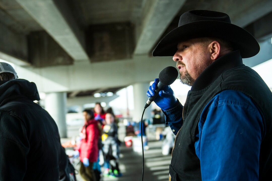 (Chris Detrick  |  The Salt Lake Tribune)  Eagles Ranch Ministries chaplain Eric Burson speaks during the Eagle Ranch Chuckwagon under the viaduct at 500 South and 600 West in Salt Lake City Thursday, November 23, 2017.  