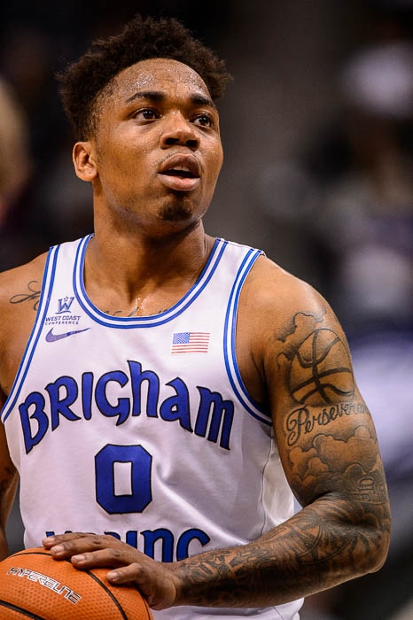 (Trent Nelson | The Salt Lake Tribune) Brigham Young Cougars guard Jahshire Hardnett (0) shoots a free throw as BYU hosts San Diego, NCAA basketball in Provo Saturday January 20, 2018.