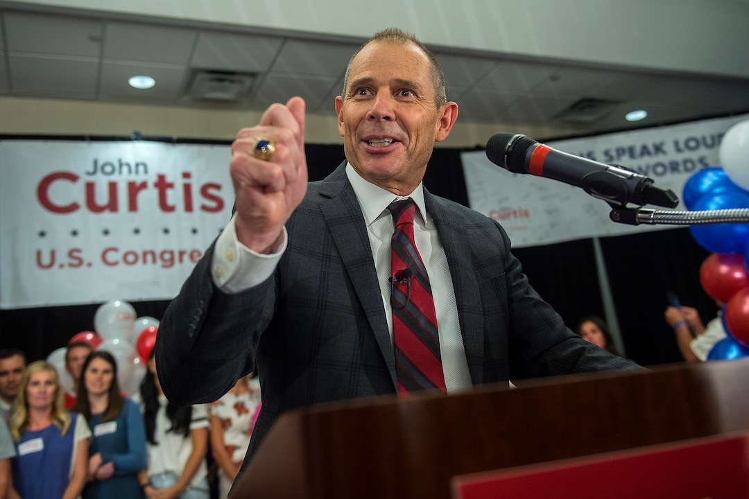 (Chris Detrick  |  The Salt Lake Tribune)  Provo Mayor John Curtis celebrates speaks his election night party at the Provo Marriott Hotel & Conference Center Tuesday, August 15, 2017. 