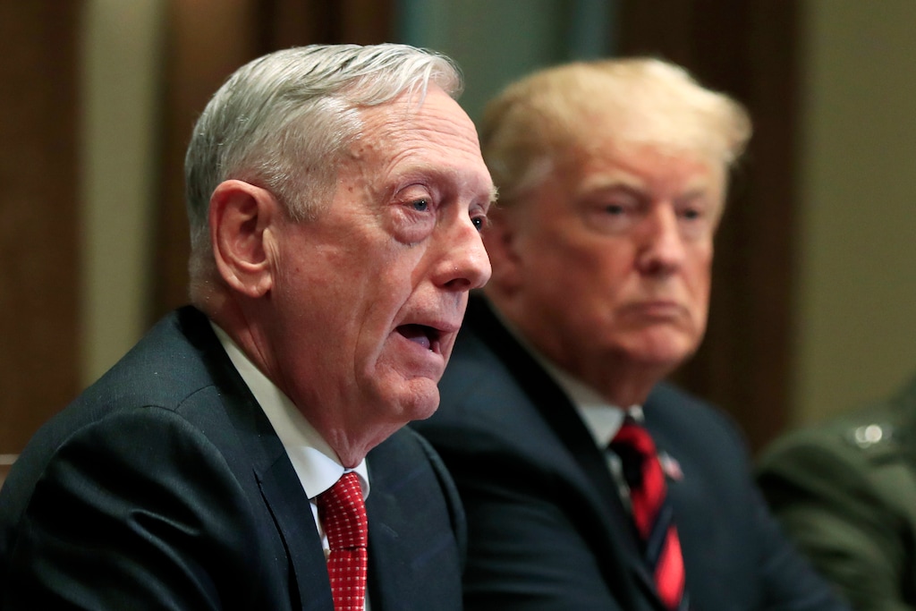 (Manuel Balce Ceneta | AP file photo) Then-Defense Secretary Jim Mattis speaks beside President Donald Trump during a briefing with senior military leaders in the Cabinet Room at the White House in Washington on Oct. 23, 2018.