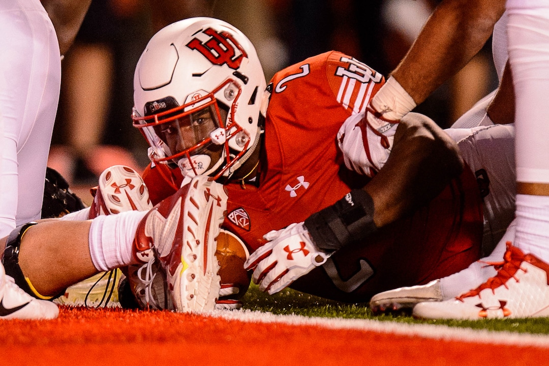 (Trent Nelson | The Salt Lake Tribune)  Utah Utes running back Zack Moss (2) is stopped inches short of a touchdown as the University of Utah hosts Stanford, NCAA football at Rice-Eccles Stadium in Salt Lake City Saturday October 7, 2017.