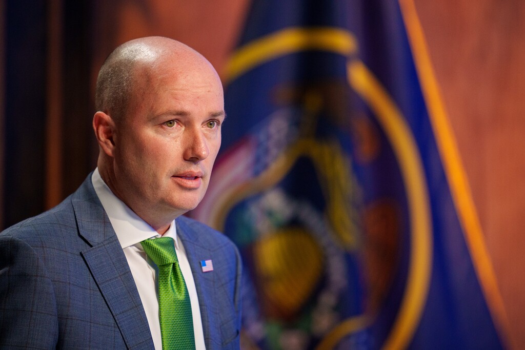 (Trent Nelson  |  The Salt Lake Tribune) Gov. Spencer Cox speaks at his monthly news conference in Salt Lake City on Thursday, March 17, 2022.