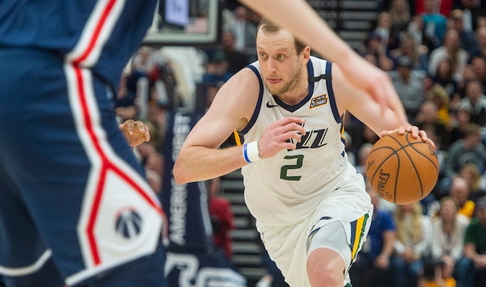 (Rick Egan  |  The Salt Lake Tribune)   Utah Jazz guard Joe Ingles (2),  takes the ball up the middle, in NBA action between the Utah Jazz and the Washington Wizards, in Salt Lake City, Friday, February 28, 2020
