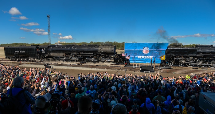 Leah Hogsten  |  The Salt Lake Tribune  In celebration for the 150th anniversary of the transcontinental railroadÕs completion, Union Pacific's iconic steam locomotives, Big Boy No. 4014, left, met Living Legend No. 844 at Ogden Union Station, May 9, 2019.