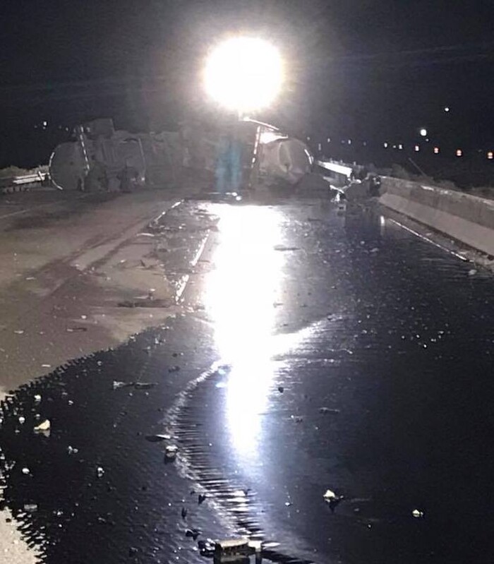 (Photo courtesy Carbon County Sheriff's Department) A truck accident resulted in an 8,000-gallon crude oil leak on Highway 6 in Carbon County.