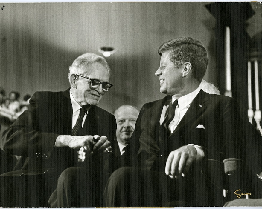 (The Church of Jesus Christ of Latter-day Saints) Then-church President David O. McKay with U.S. President John F. Kennedy in the Tabernacle in September 1963.
