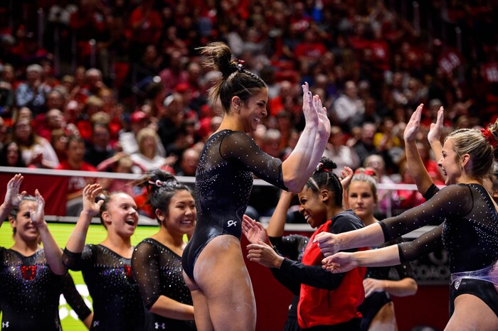 (Trent Nelson  |  The Salt Lake Tribune) Emilie Leblanc on the beam as the University of Utah hosts Arizona State, NCAA gymnastics in Salt Lake City on Friday, Jan. 24, 2020.