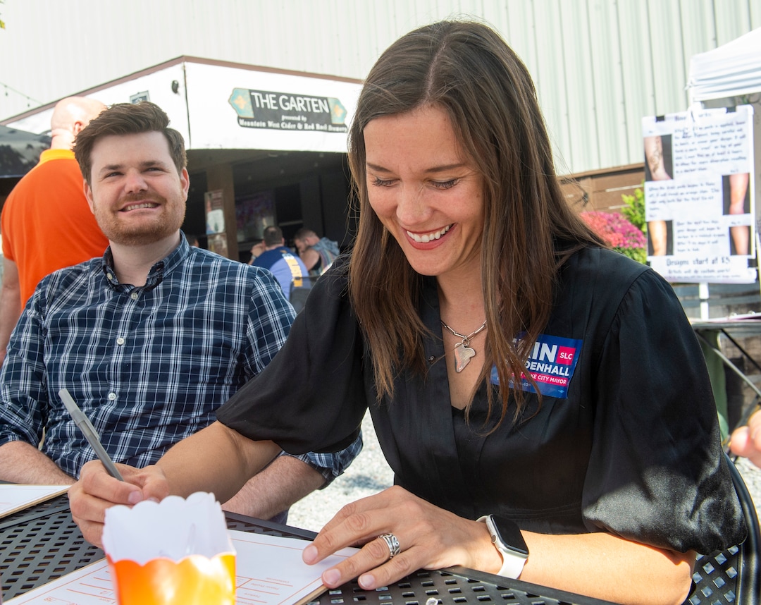 (Rick Egan  |  The Salt Lake Tribune)      Salt Lake City Mayor candidate judges jam at the Marmalade Jam Fest, along with fellow council member Chris Wharton, Saturday, Sept. 21, 2019.
