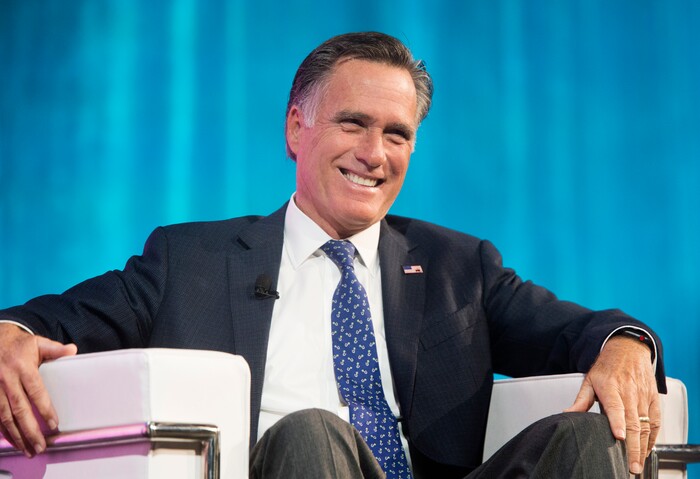 (Rick Egan  |  The Salt Lake Tribune)    Mitt Romney speaks with Alex Dunn, at the Tech Summit at the Salt Palace,  Friday, January 19, 2018.


