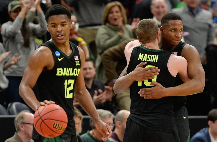 (Francisco Kjolseth  |  The Salt Lake Tribune)  Baylor celebrates their win over Syracuse as Syracuse faces Baylor in their first round menÕs NCAA March Madness tournament game at Vivint Smart Home Arena in Salt Lake City on Thursday, March 21, 2019.