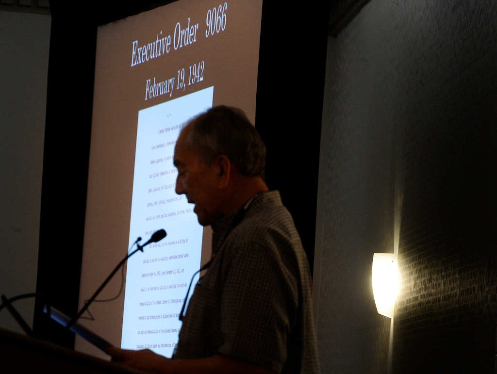 Scott Sommerdorf | The Salt Lake Tribune
Topaz Museum Board Member Rick Okabe speaks about the history of Japanese internment and how it began in 1942 with Executive Order 9066, during the Topaz Museum Dinner and Reception at the Sheraton Hotel in Salt Lake City, Friday, July 7, 2017.