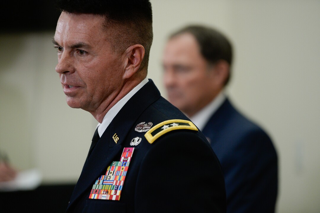 (Francisco Kjolseth  |  The Salt Lake Tribune)  Maj. Gen. Jefferson S. Burton and Gov. Gary R. Herbert address the media on Sunday, Nov. 4, 2018, in Draper, UT, regarding the recent death of North Ogden Mayor Brent Taylor a major in the Utah National Guard, killed in Afghanistan in an apparent insider attack.