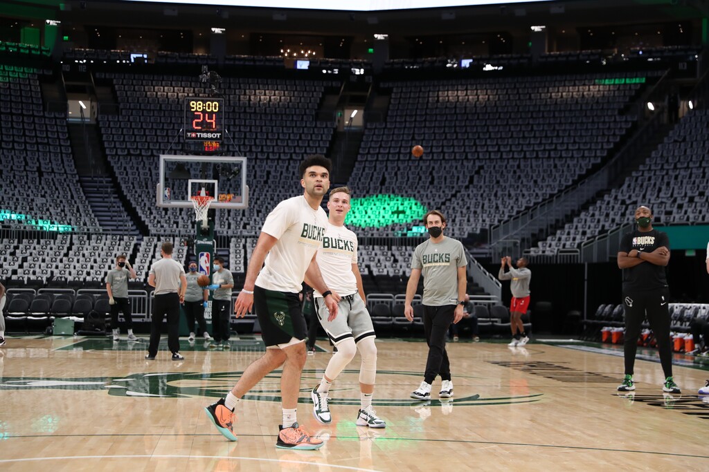 (Photo courtesy of Nick Monroe | Milwaukee Bucks) Former BYU guard Elijah Bryant, left, and Utah State guard Sam Merrill are rookies this season with the NBA's Milwaukee Bucks.