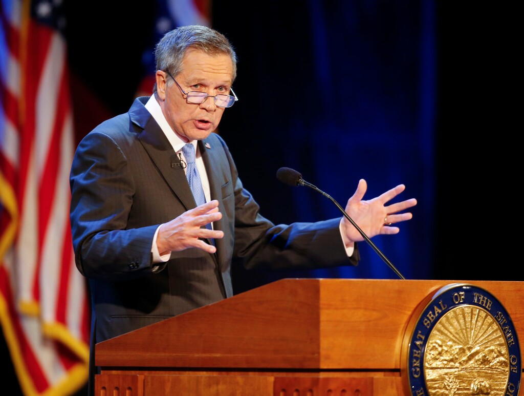 In this April 4, 2017, file photo, Ohio Gov. John Kasich delivers his State of the State address at the Sandusky State Theatre in Sandusky, Ohio.  (AP Photo/Ron Schwane, File)
