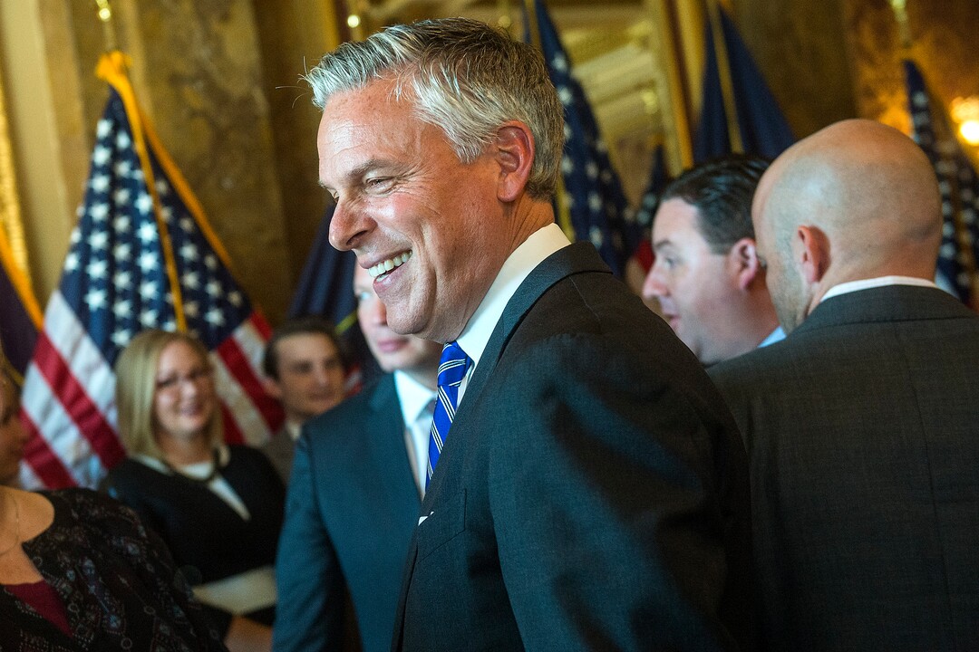 (Chris Detrick  |  The Salt Lake Tribune)  Jon M. Huntsman, Jr., U.S. Ambassador to Russia, talks with family and friends during an Ambassadorial Swearing in Ceremony at the Utah Capitol Saturday, October 7, 2017. 