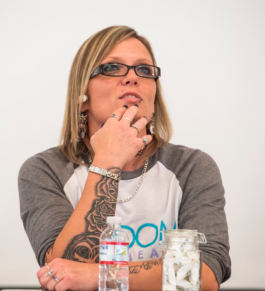 (Rick Egan  |  The Salt Lake Tribune)       Tiffany Thomas speaks as part of a survivors panel during the "Love Heals" forum on sex trafficking at St. Mark's Friday Cathedral, March 23, 2018.