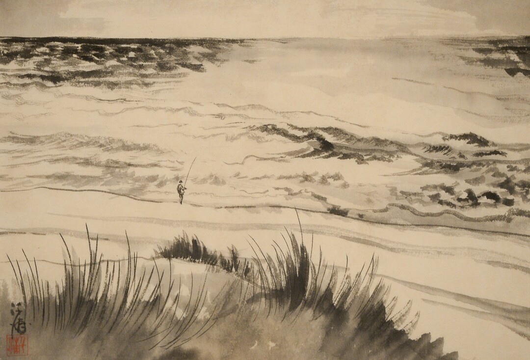 (Francisco Kjolseth  |  The Salt Lake Tribune)   The Utah Museum of Fine Art hosts "Chiura Obata: An American Modern," major touring retrospective of Japanese-American artist (1885-1975), whose work captured Western landscapes and his time at the Topaz War Relocation Center (internment camp) during World War II. Exhibit opens Friday, May 25. Pictured is Surf Fishing, S.F. Ocean Beach, September 1927, Ink on paper. 