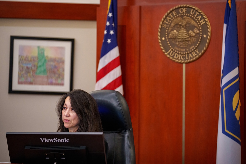 (Trent Nelson | The Salt Lake Tribune) Judge Dianna Gibson holds a hearing on Utah’s congressional maps process, in Salt Lake City on Friday, Aug. 29, 2025. Judge Gibson previously ruled — based on a decision last year by the Utah Supreme Court — that the Legislature had violated voters’ constitutional right to make laws when legislators repealed Proposition 4, the citizen-passed Better Boundaries initiative.
