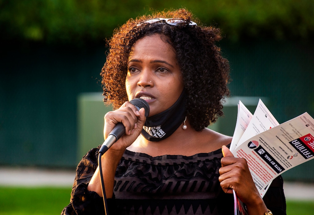 (Rick Egan  |  Tribune file photo)   Fatima Dirie speaks at the Say Their Names Memorial in Salt Lake City, on Saturday, Sept. 26, 2020. Dirie, a candidate for the state House of Representatives, announced on social media on Saturday, Oct. 24, 2020 that she has tested positive for COVID-19.