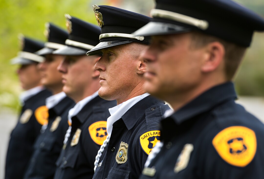 (Leah Hogsten  |  The Salt Lake Tribune)  In honor of Police Week, the Salt Lake City Police Department honored its fallen officers with a memorial service and a 21-gun salute at the Public Safety Building, Thursday, May16, 2019.