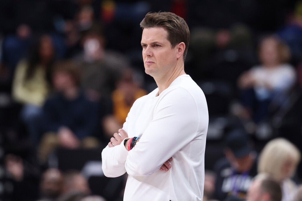 Utah Jazz head coach Will Hardy watches play against the Toronto Raptors during the first half of an NBA basketball game, Friday, March 14, 2025, in Salt Lake City. (AP Photo/Rob Gray)