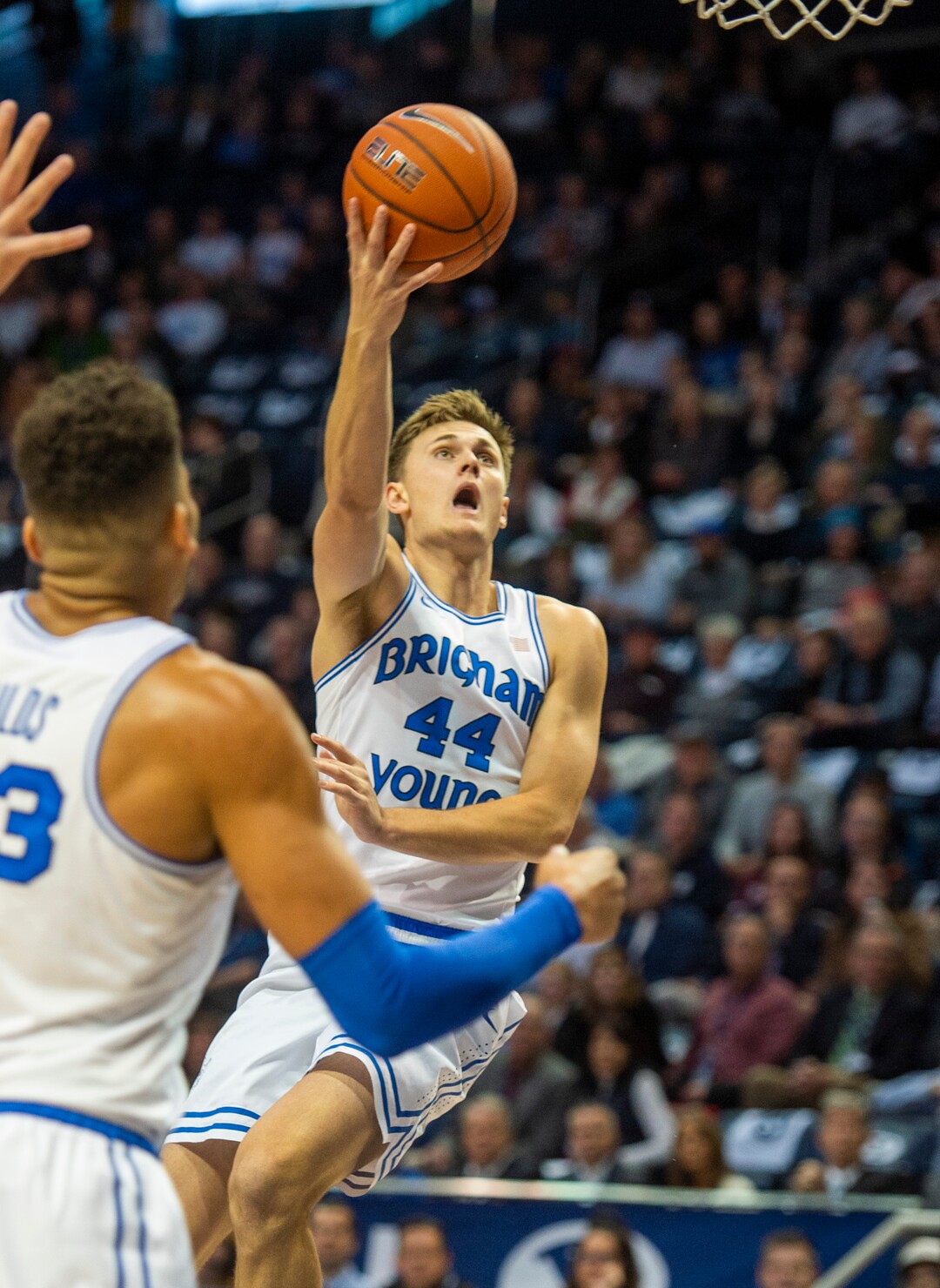 (Rick Egan  |  The Salt Lake Tribune)       Brigham Young Cougars guard Connor Harding (44) takes the ball to the hoop for two, in basketball action between the Brigham Young Cougars and the Nevada Wolf Pack, at the Marriott Center, in Provo, Saturday, December 10, 2019.