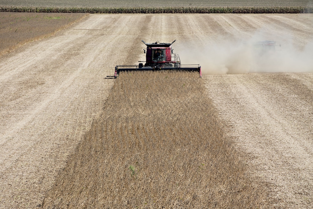 (Daniel Acker | Bloomberg) Soybeans are harvested with a combine harvester in Princeton, Illinois.