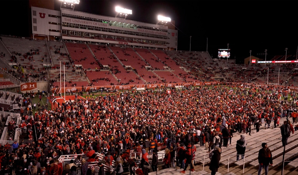 (Rick Egan | The Salt Lake Tribune) Utah fans storm the field as the Utes defeat the Oregon Ducks 38-7, in PAC-12 action at Rice-Eccles Stadium in Salt Lake City, on Saturday, Nov. 20, 2021.
