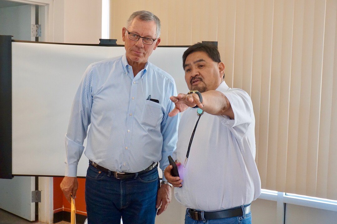 (Zak Podmore  |  The Salt Lake Tribune) San Juan County Commissioner Bruce Adams (left) and Oljato Chapter President James Adakai in Oljato-Monument Valley, Utah, on Tuesday, July 2, 2019.                               
