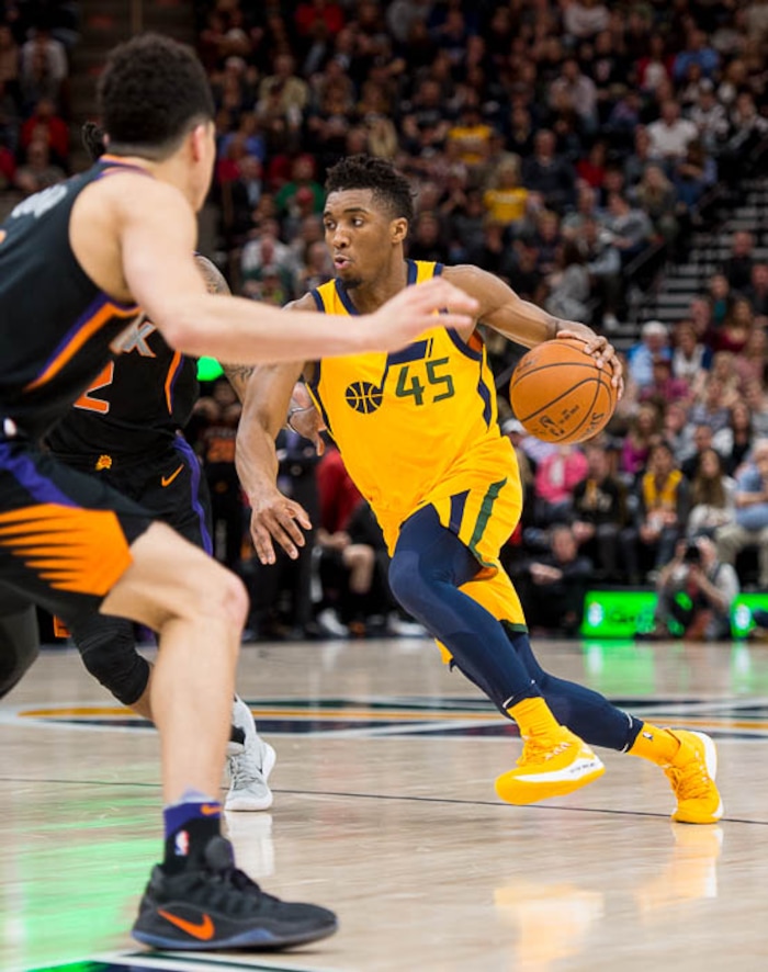 (Trent Nelson | The Salt Lake Tribune)  Utah Jazz guard Donovan Mitchell (45) as the Utah Jazz host the Phoenix Suns, NBA basketball in Salt Lake City, Wednesday Feb. 14, 2018.