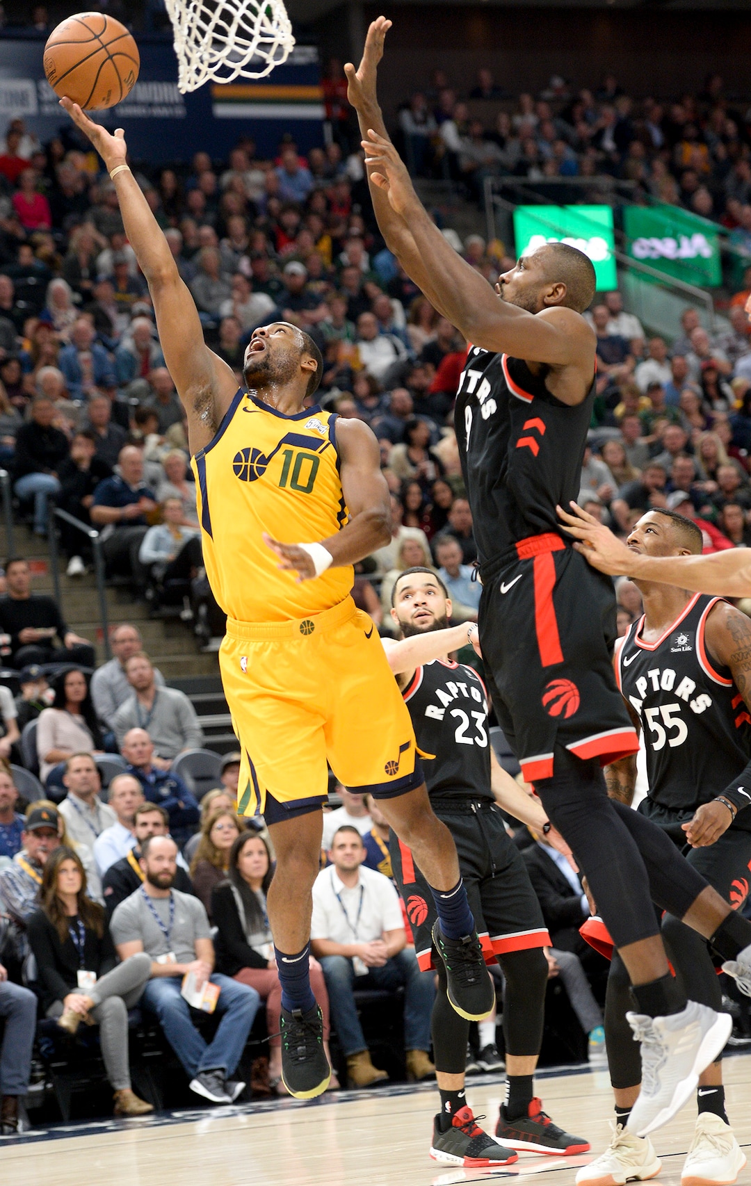 Leah Hogsten  |  The Salt Lake Tribune  Utah Jazz guard Alec Burks (10) hits the net as the Utah Jazz host the Toronto Raptors, Monday, Nov. 5, 2018 at  Vivint Smart Home Arena.