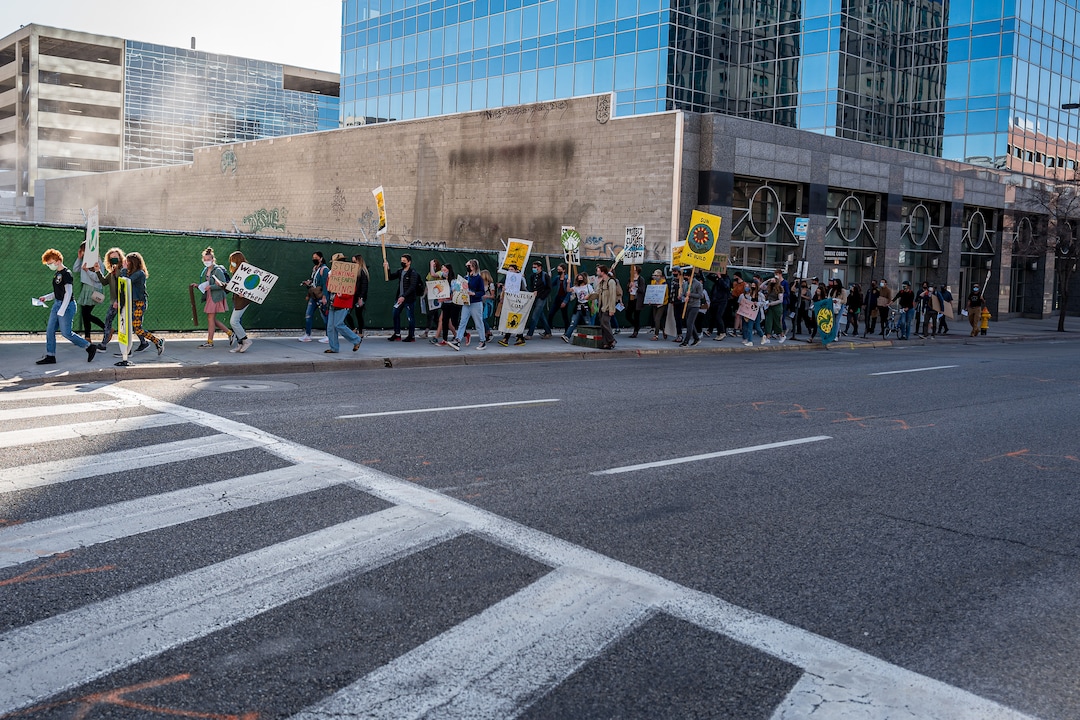 (Trent Nelson  |  The Salt Lake Tribune) Students march to the state Capitol in Salt Lake City to protest inaction on the climate crisis on Friday, March 19, 2021.