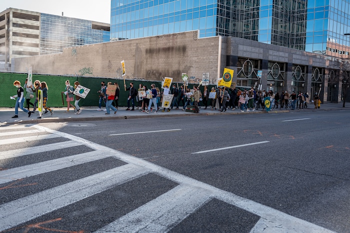 (Trent Nelson | The Salt Lake Tribune) Students march to the state Capitol in Salt Lake City to protest inaction on the climate crisis on Friday, March 19, 2021.