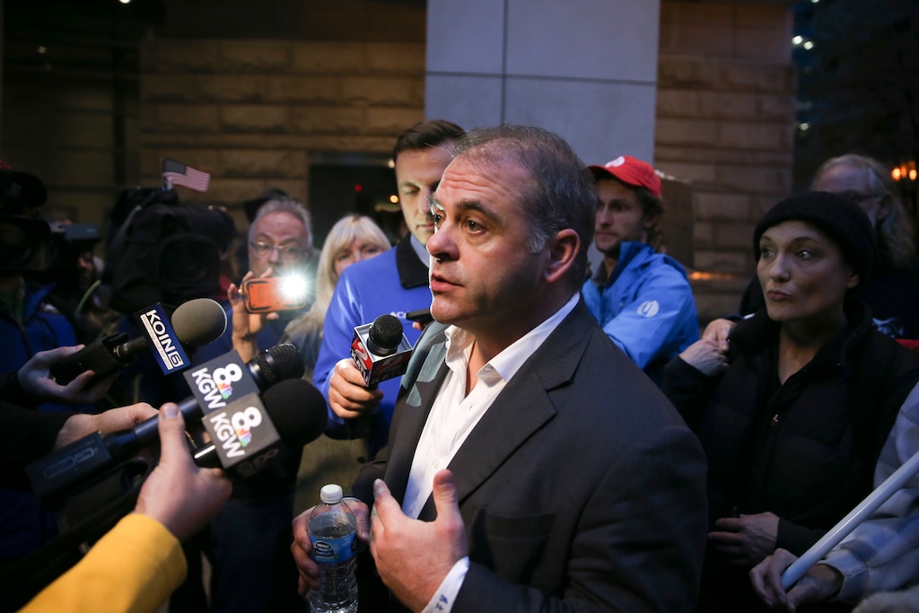 FILE - In this Oct. 28, 2016, file photo, Marcus Mumford, attorney for Ammon Bundy, appears outside court after defendants were aquitted in a ranching standoff. Mumford died on April 12, 2020. (Beth Nakamura/The Oregonian via AP, File)