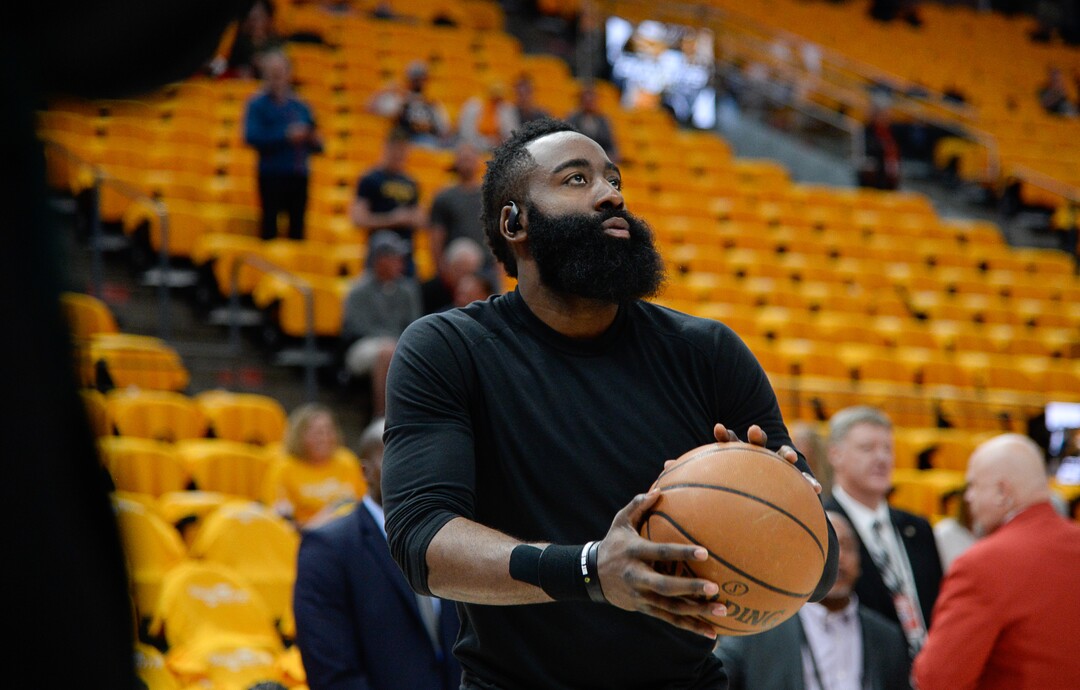 (Francisco Kjolseth  |  The Salt Lake Tribune)  Houston Rockets guard James Harden (13) warms up before Game 3 of a first-round NBA basketball playoff series against the Jazz in Salt Lake City, Saturday, April 20, 2019.
