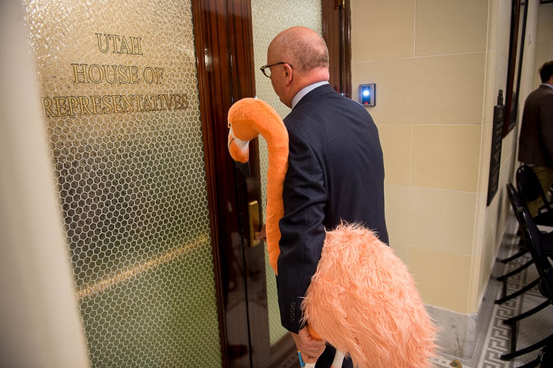 (Trent Nelson | The Salt Lake Tribune)  Lobbyist Spencer Stokes with his pink flamingo (the Flamingo Forum) waits to enter the House offices in Salt Lake City, Thursday March 8, 2018.
