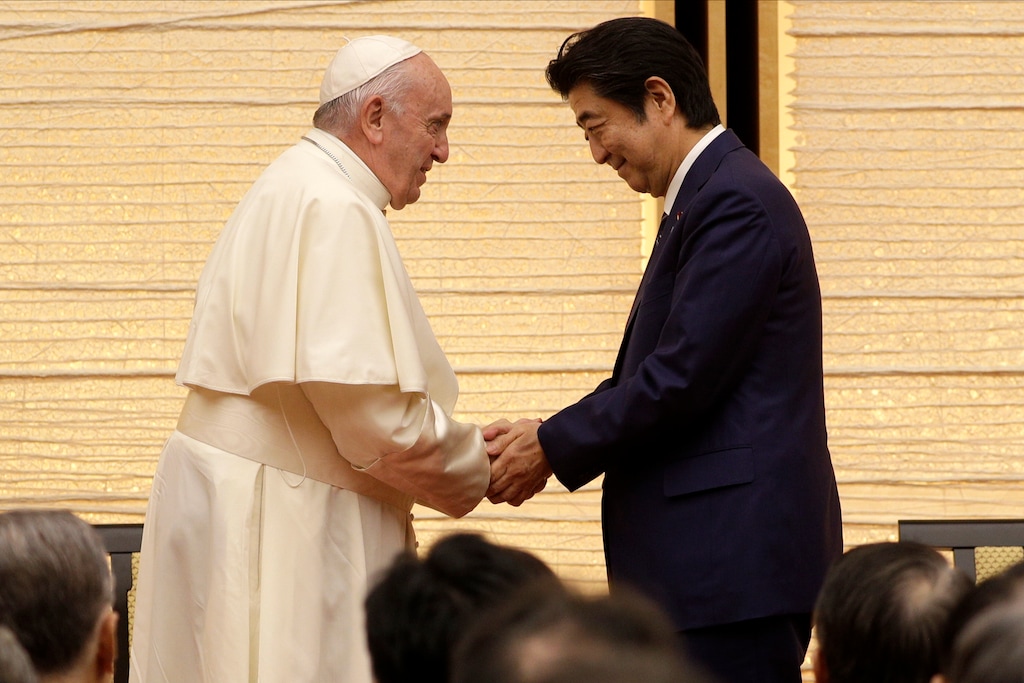 (Gregorio Borgia | The Associated Press)Prime Minister Shinzo Abe, right, shakes hands with Pope Francis on Monday, Nov. 25, 2019, in Tokyo.