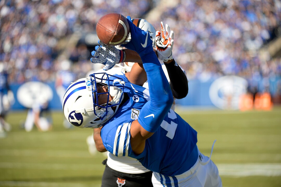 (Leah Hogsten  |  The Salt Lake Tribune) Brigham Young Cougars wide receiver Micah Simon (13) fails to pull in the pass as Brigham Young University takes on Idaho State, Saturday, Nov. 16, 2019 at LaVell Edwards Stadium.