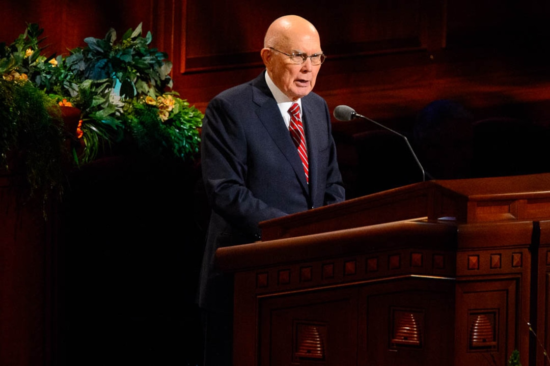 (Trent Nelson  |  The Salt Lake Tribune)  President Dallin H. Oaks speaks during the afternoon session of the189th Annual General Conference of The Church of Jesus Christ of Latter-day Saints in Salt Lake City on Sunday April 7, 2019.