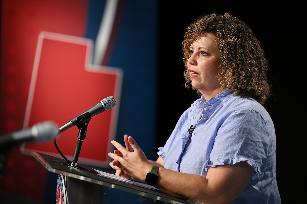 (Scott G Winterton | Pool) Rep. Celeste Maloy speaks to reporters following a 2nd Congressional District debate with Colby Jenkins at the KUED studios at the University of Utah in Salt Lake City on Monday, June 10, 2024.