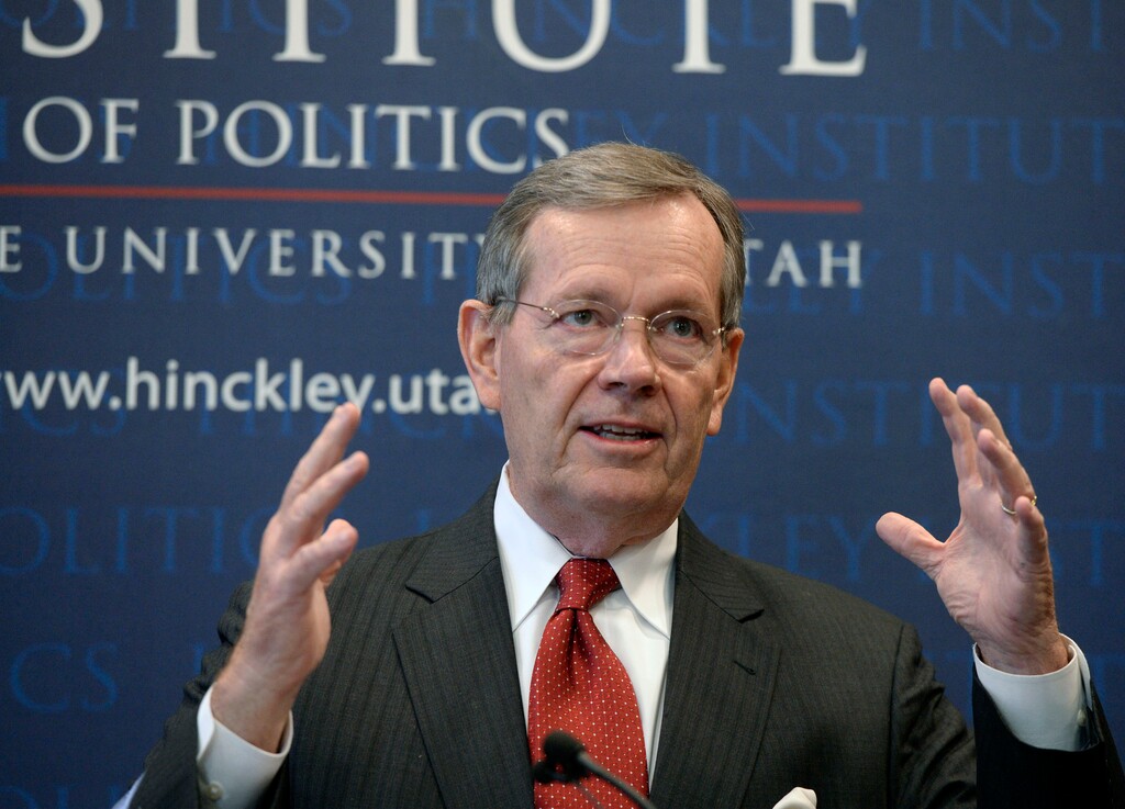 Al Hartmann | The Salt Lake Tribune
Three-time Utah Governor Mike Leavitt speaks of his friend and inspiration, former Utah Senator Bob Bennett at the Hinckley Institute of Politics at the University of Utah Wednesday Jan. 27. Bennett was inducted into the Hinckley Hall of Fame.