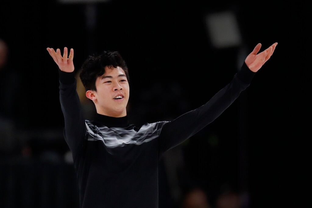 Nathan Chen acknowledges the audience after performing the men's free skate at the U.S. Figure Skating Championships, Sunday, Jan. 27, 2019, in Detroit. (AP Photo/Paul Sancya)