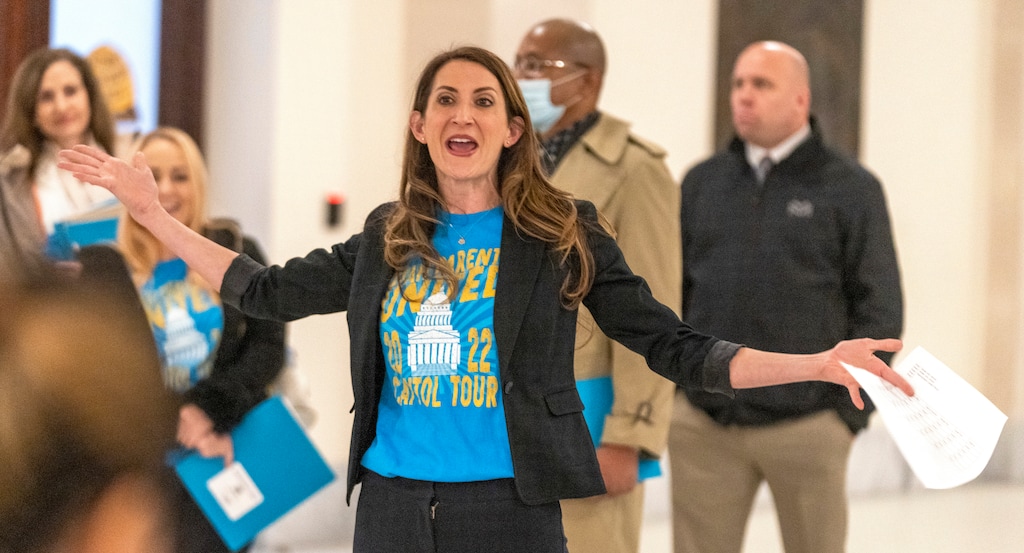 (Rick Egan | The Salt Lake Tribune) Nichole Mason, the president of Utah Parents United, speaks to the group as she organizes a tour of the state Capitol on Monday, January 10, 2022. Utah Parents United has recently formed a political action committee.
